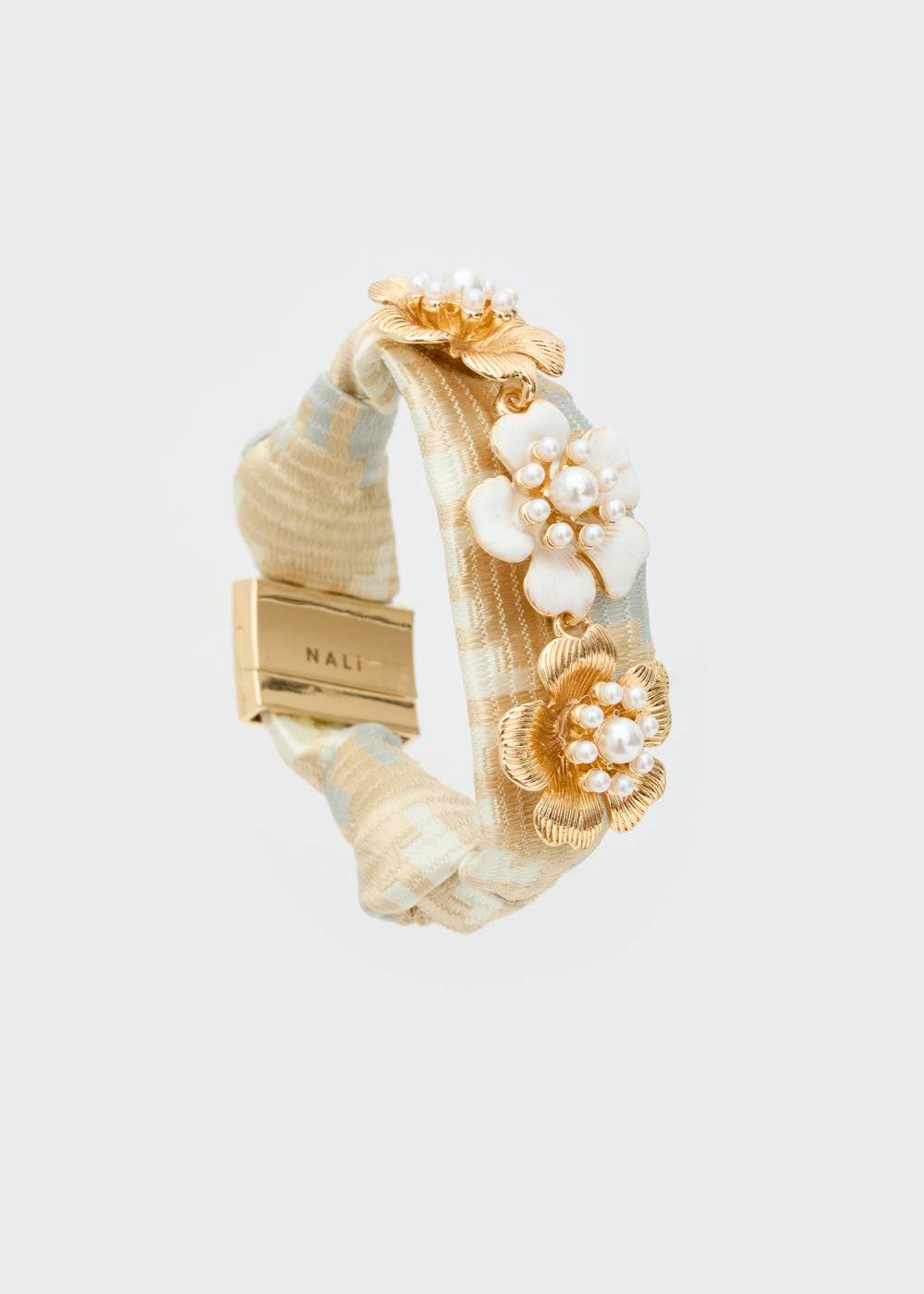 Nalí FABRIC BRACELET W/ GOLD + WHITE FLOWERS Fino Al -60%
