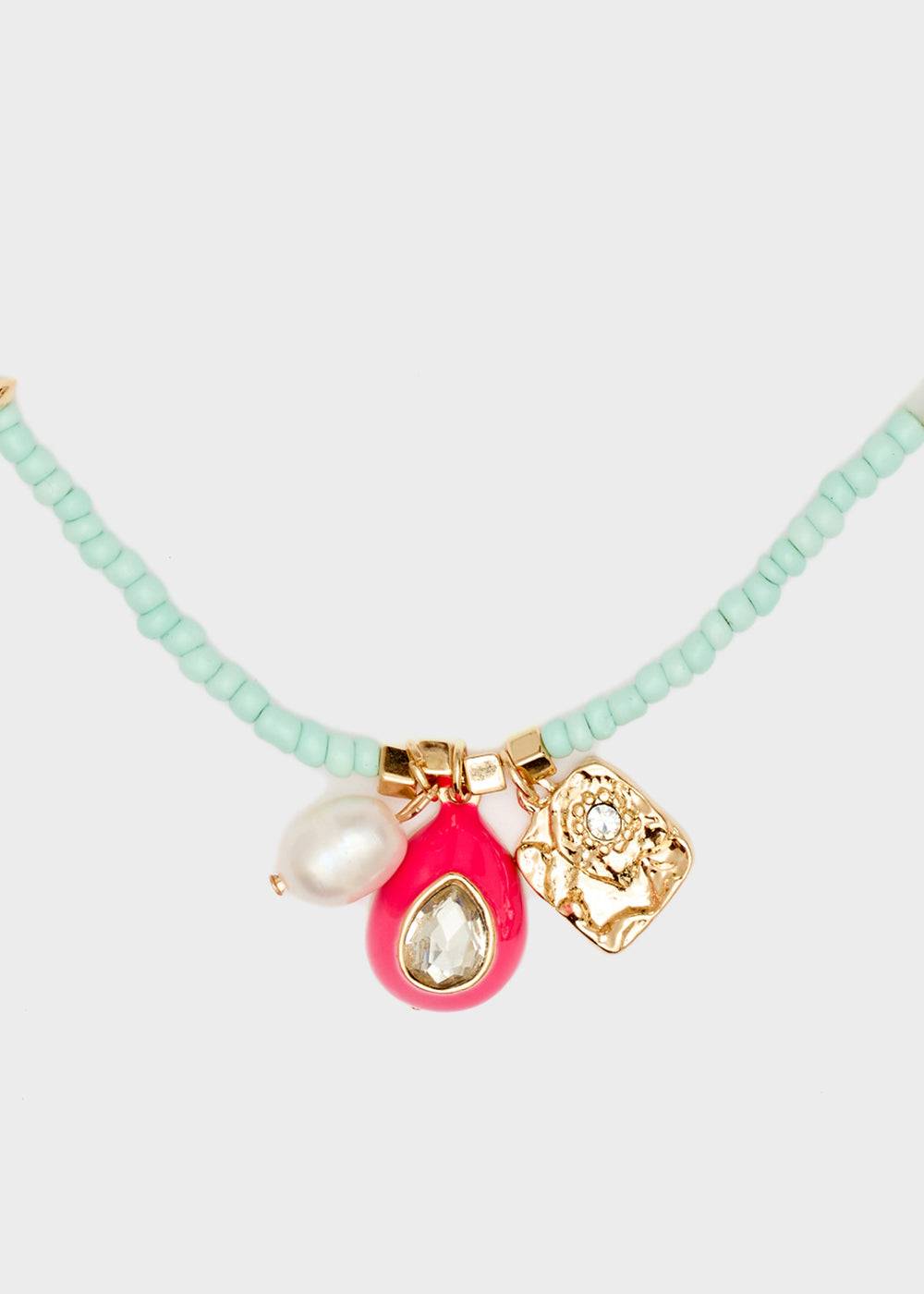 Nalí NECKLACE W/ L.BLUE BEADS+FUCHSIA PENDANT In Linea
