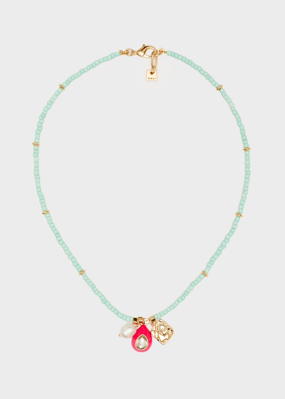 Nalí NECKLACE W/ L.BLUE BEADS+FUCHSIA PENDANT In Linea