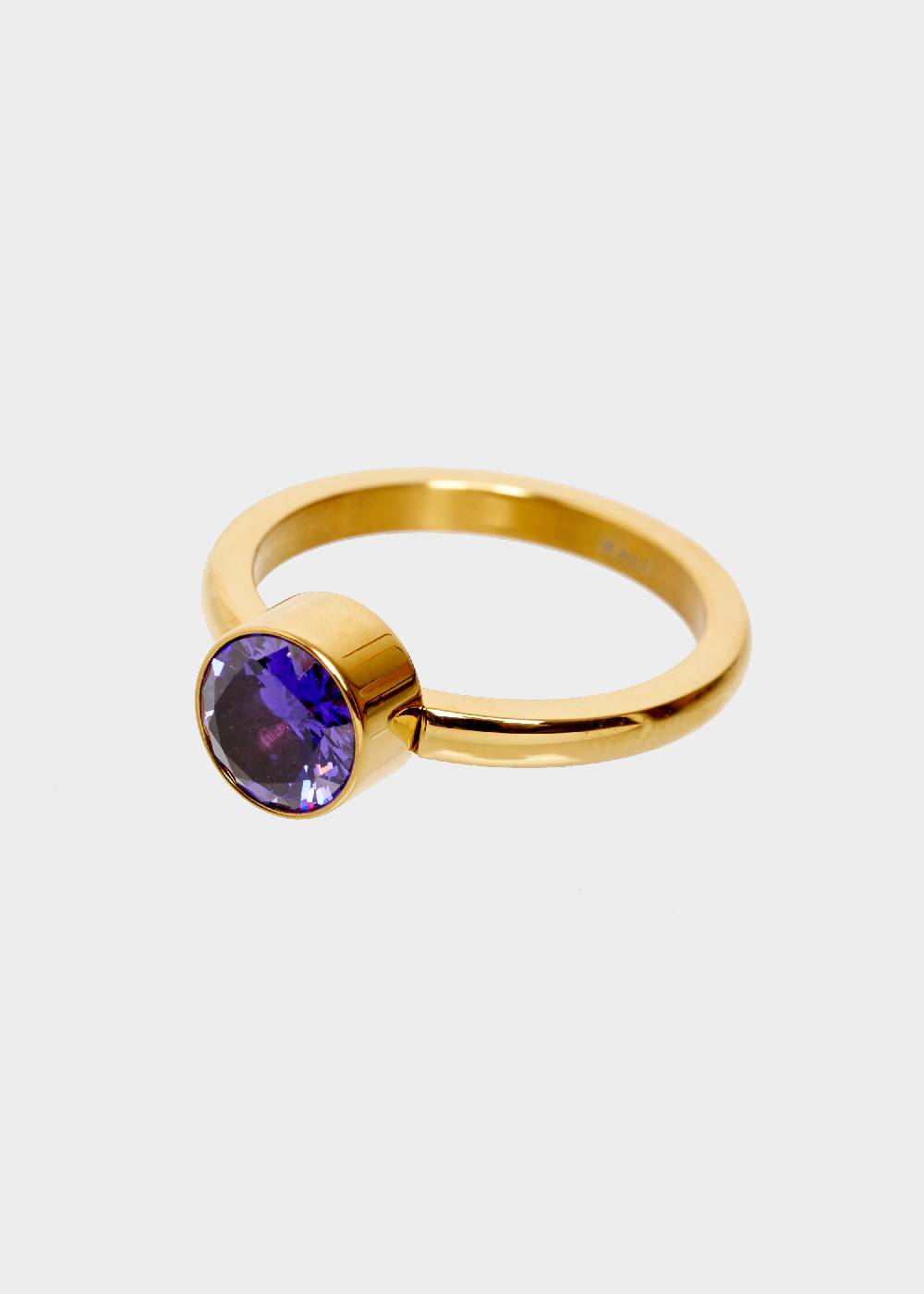 Nalí STAIN. STEEL FLORA THIN GOLD RING W/ PURPLE STONE In Linea