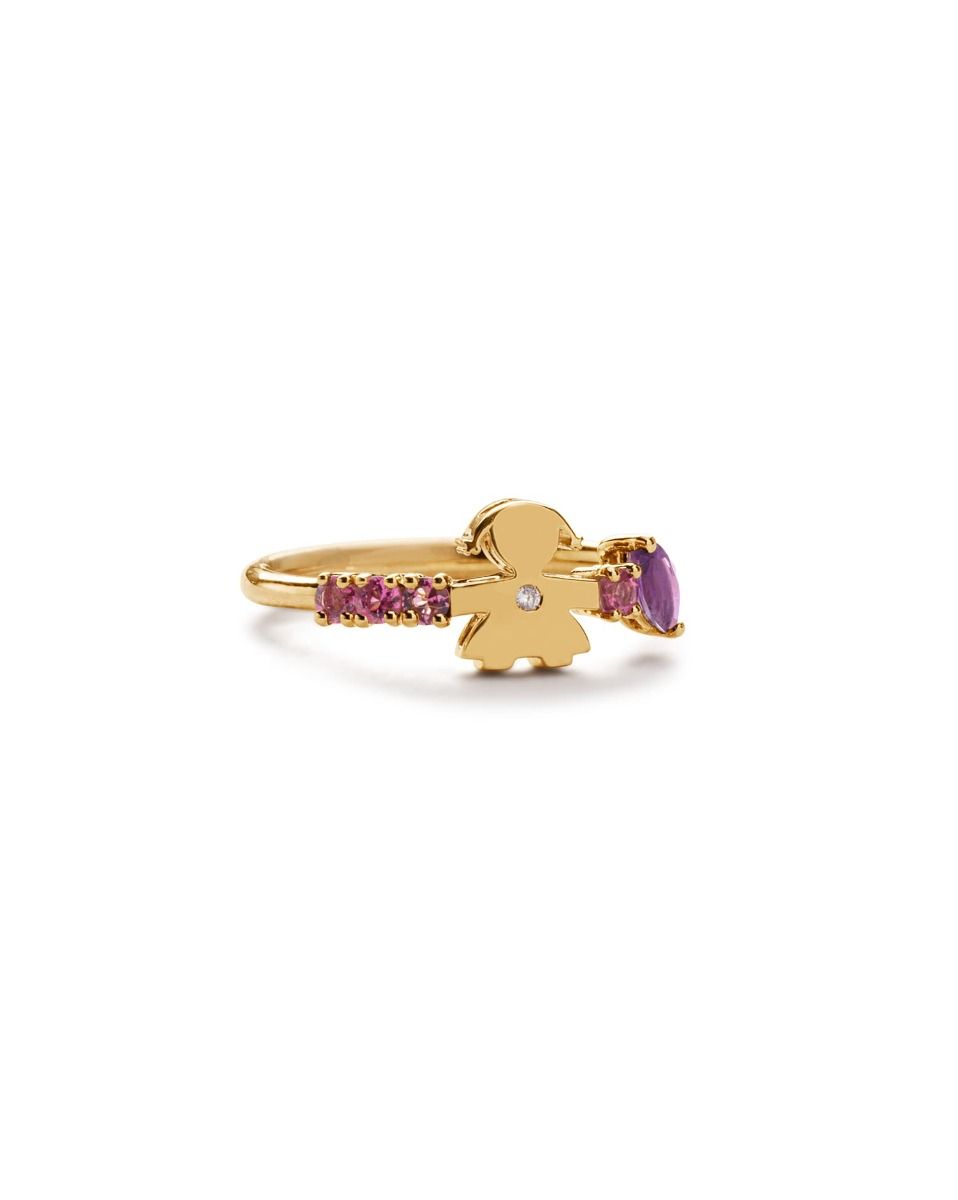 Le Bebé Anello Les Bonbons con sagoma bimba, in oro giallo con ametista, tormaline e diamante Spedizione Gratuita