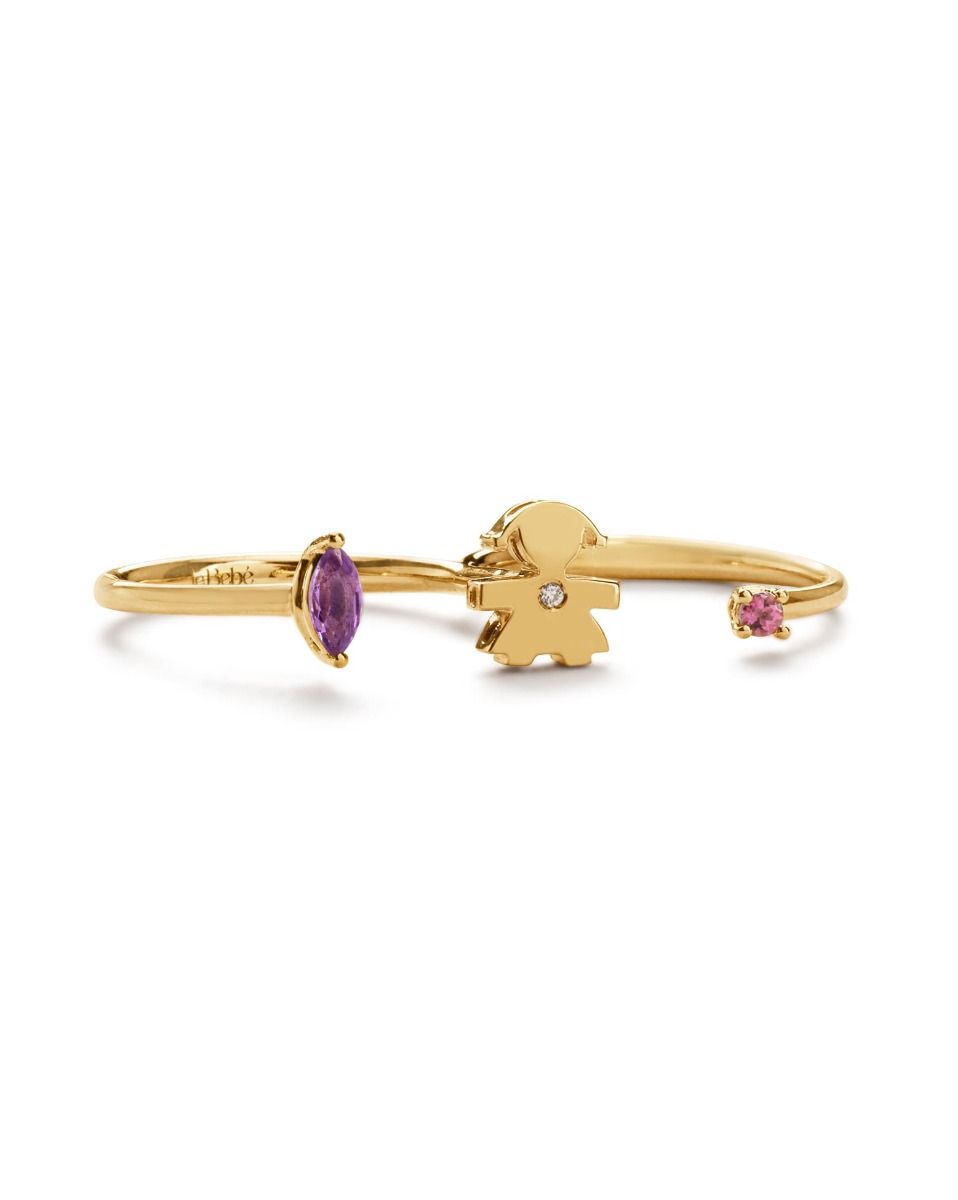 Le Bebé Anello due dita Les Bonbons con sagoma bimba, in oro giallo con ametista, tormalina e diamante Pezzi Unici