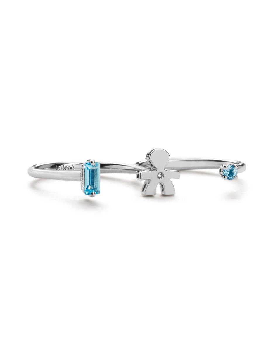 Le Bebé Anello due dita Les Bonbons con sagoma bimbo, in oro bianco con topazio, acquamarina e diamante Soddisfazione Garantita