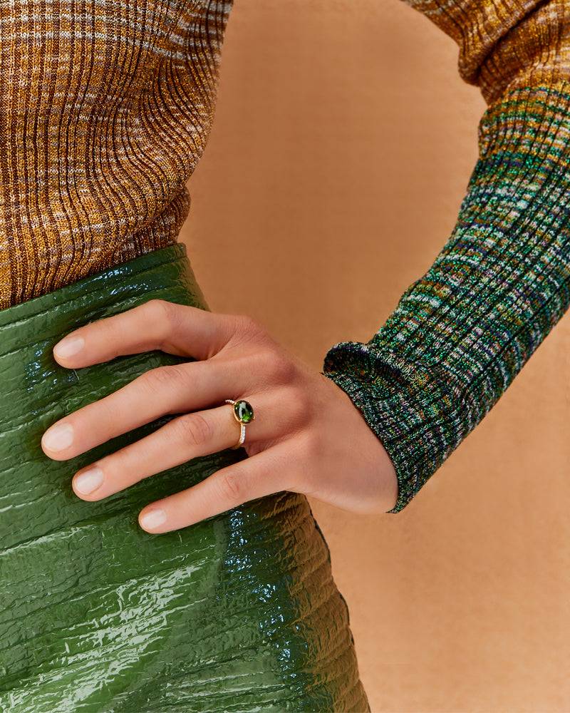Nanis Anello "DANCING TOURMALINES" in oro, diamanti e tormalina verde (grand – Nanis Italian Jewels In Vendita