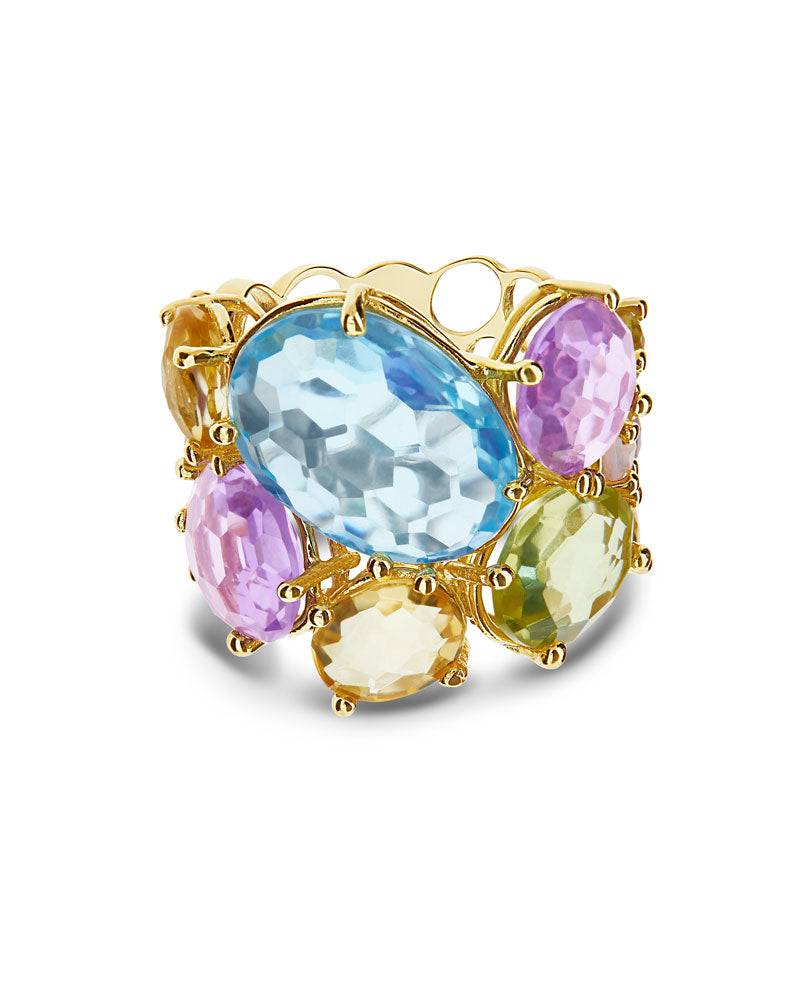 Nanis Anello "IPANEMA" a fascia in oro, ametista, topazio blu e quarzo – Nanis Italian Jewels Vendita