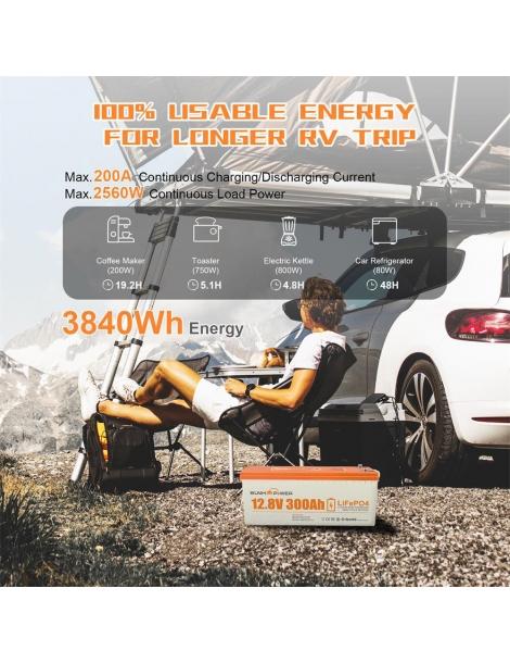 SUNHOOPOWER 12V 300Ah LiFePO4 Batteria energia 3840Wh BMS 200A integrato potenza di carico max. 2560W IP68 Consegna Veloce