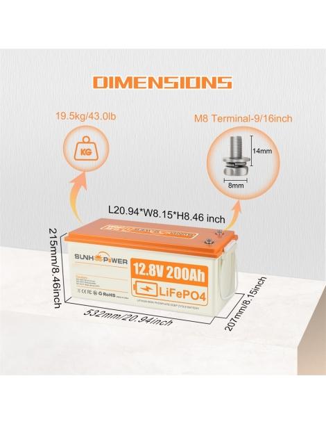 SUNHOOPOWER 12V 200Ah LiFePO4 Batteria energia 2560Wh BMS 100A integrato potenza di carico max. 1280W IP68 Promozione Limitata