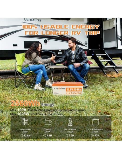 SUNHOOPOWER 12V 200Ah LiFePO4 Batteria energia 2560Wh BMS 100A integrato potenza di carico max. 1280W IP68 Promozione Limitata