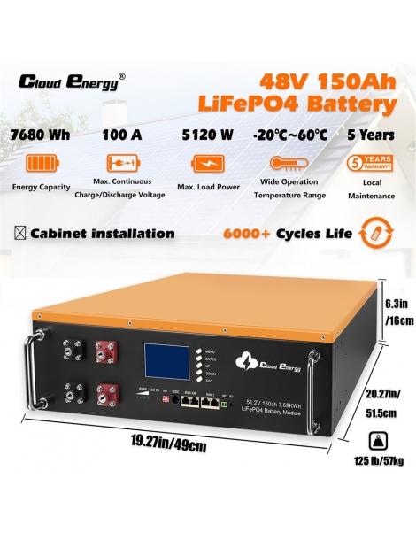 Cloudenergy 48V 150Ah Cabinet Type Litio LiFePO4 Deep Cycle Battery Pack 7680Wh di energia 6000 cicli di vita Sottocosto