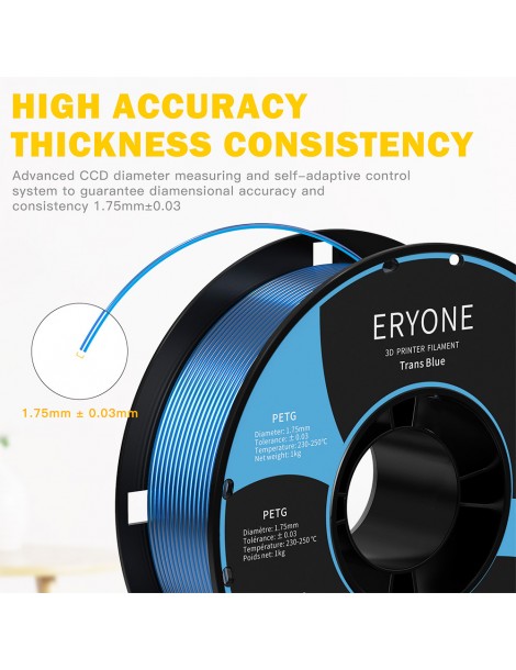 ERYONE PETG Filamento per stampante 3D 1 75mm Tolleranza 0 03mm 1KG(2.2LBS)/Spool - Blu trasparente Affare Del Giorno