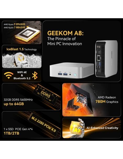 GEEKOM A8 AI Mini PC AMD Ryzen 9 8945HS 8 Core Max 5.2GHz 32GB DDR5 RAM 2TB SSD Economico