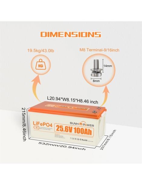 SUNHOOPOWER 24V 100Ah LiFePO4 Batteria energia 2560Wh BMS 100A integrato potenza di carico max. 2560W IP68 Hotsell