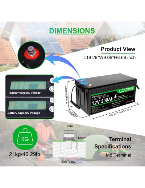 LANPWR 12V 200Ah LiFePO4 Batteria di backup 2560Wh di energia 4000 cicli profondi Fino Al -60%