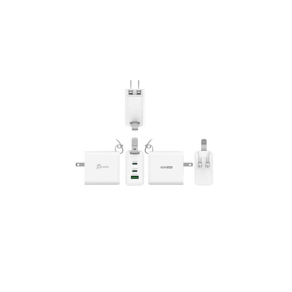 j5create 65W GaN USB-C 3-Port Traveler Charger with changeable AC plugs and USB-C cable Consegna Veloce