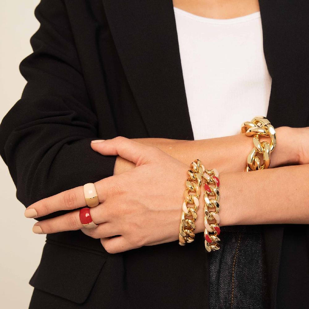 Unoaerre Anello in bronzo dorato con design bombato e smalto osso bordeaux e beige. | UNOAERRE Gioielli Novità